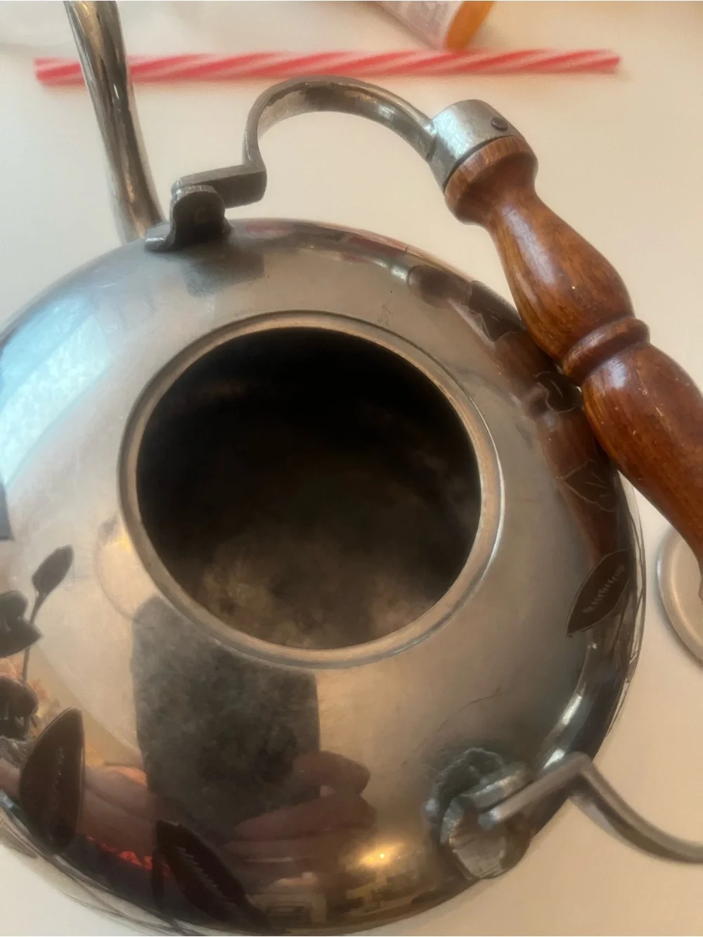 Vintage Silver-Tone Floral Teapot with Wood Handle